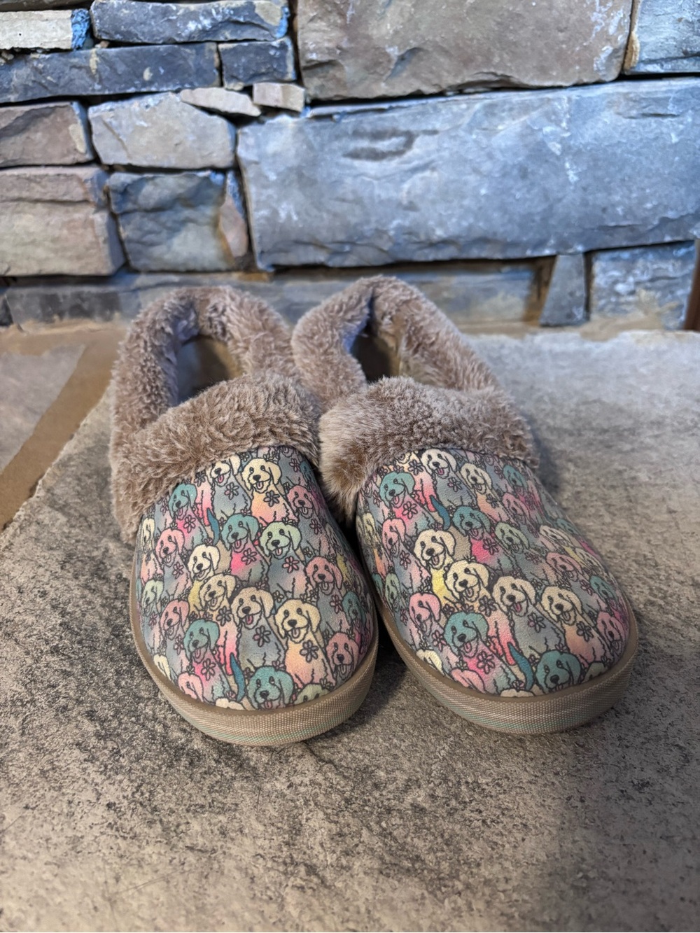 BOBS from Skechers Plush-Lined Slip-On Slippers in Pastel Puppy Print